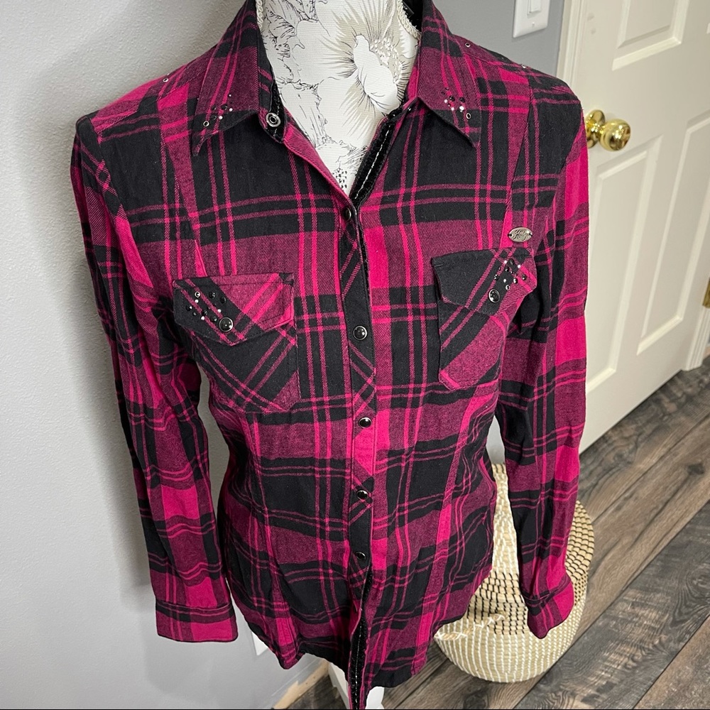Harley Davidson Women’s Pink Black Plaid Flannel Shirt Pearl Snap Logo Sz Small - Picture 3 of 5